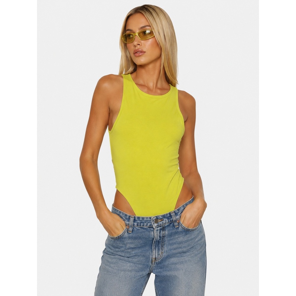 Grey Lab Neon Lime Yellow Green Sleeveless Thong Bodysuit Rave Party L NWT NEW